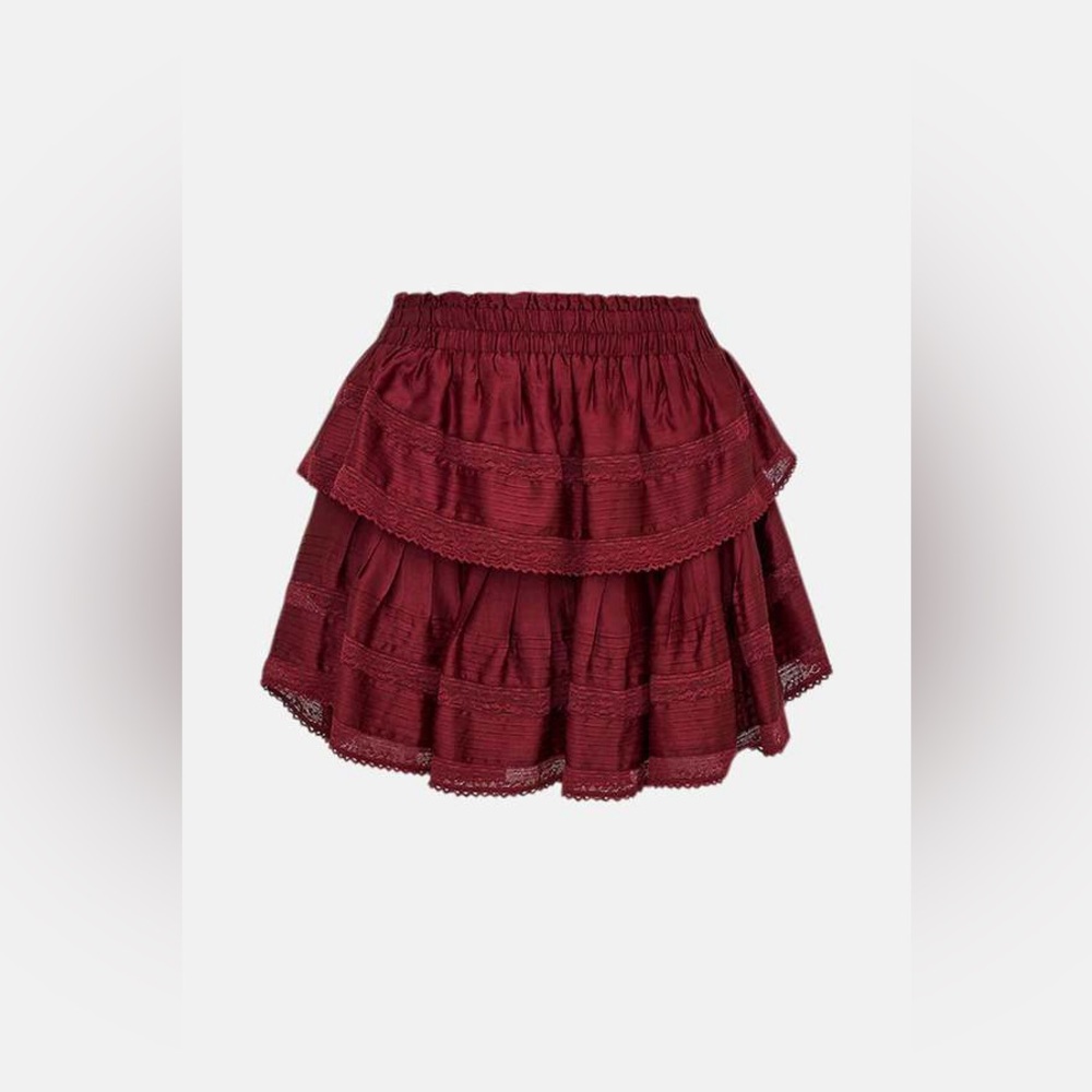 LoveShackFancy Flowy Tiered Mini Skirt with Ruffles and Lace, Oxblood Red, XS